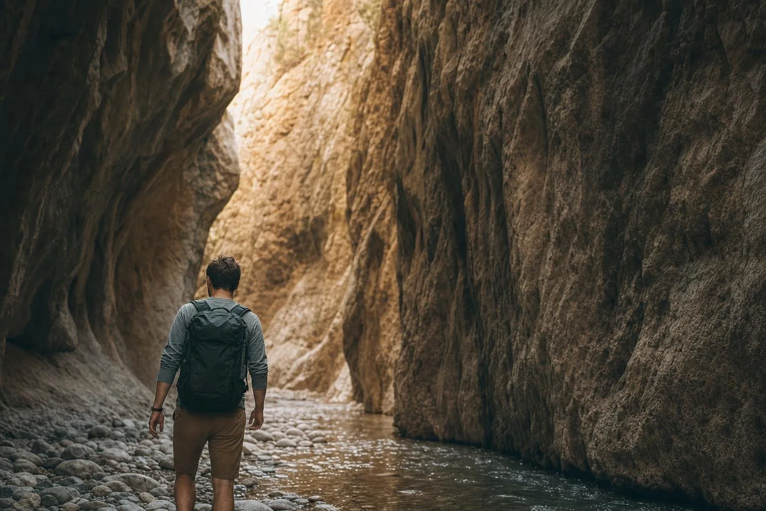Traveler overlooking a mountain valley at golden hour